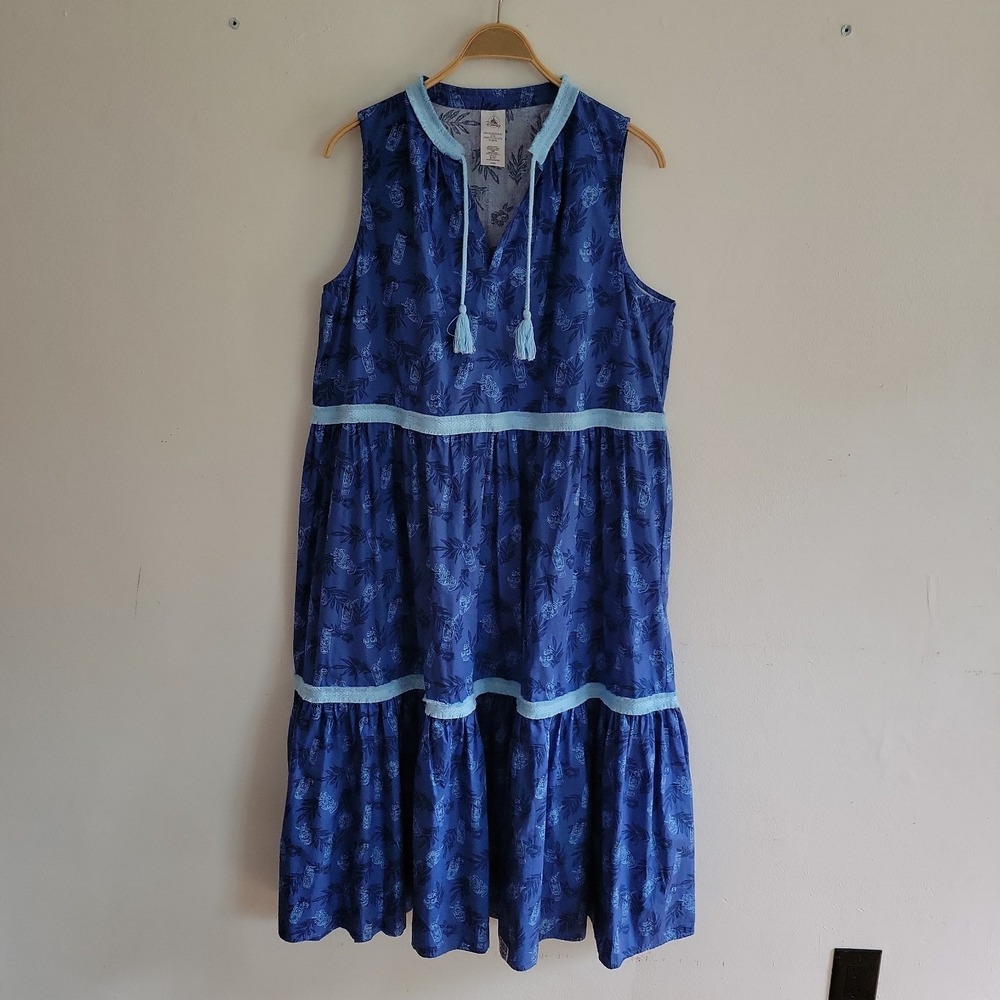 Disney Trader Sams Tiki Mug Print Tiered Midi Dress XXL Blue Tropical Sleeveless